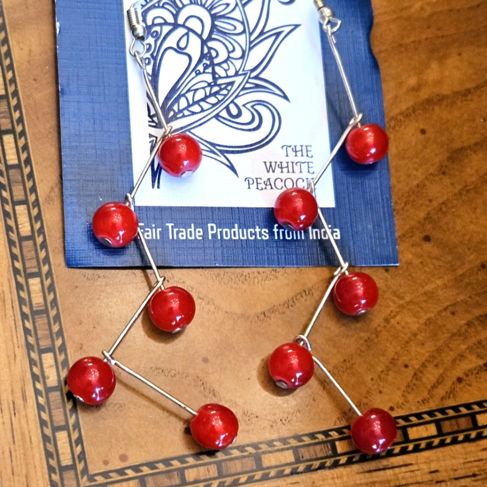Cherry red beaded silver tone abstract earrings NWT B2